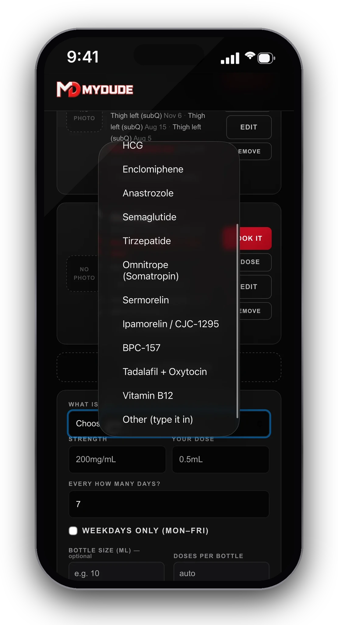 MYDUDE Shot Clock selector showing peptides, Vitamin B12, and the custom medication option