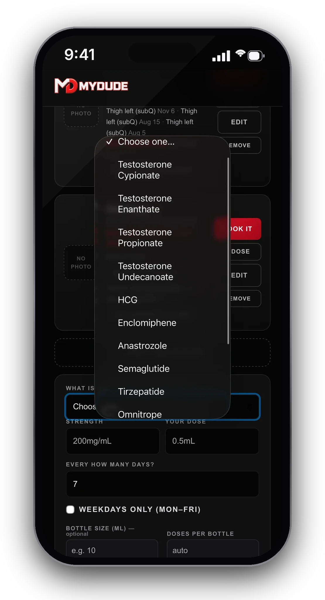 MYDUDE Shot Clock medication selector showing testosterone, HCG, semaglutide, tirzepatide and more
