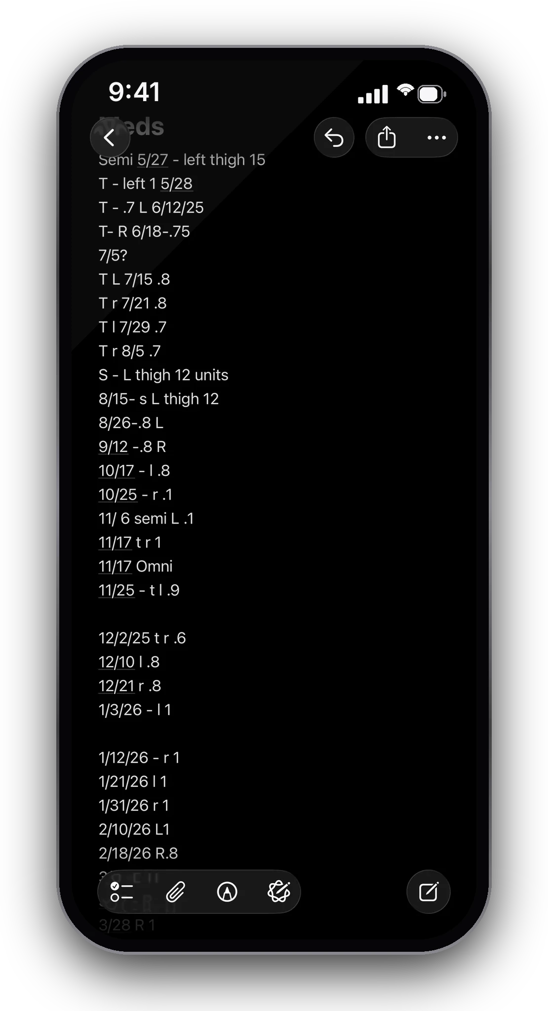 A long, difficult-to-read Notes app list used to track medication dates, doses, and injection sides